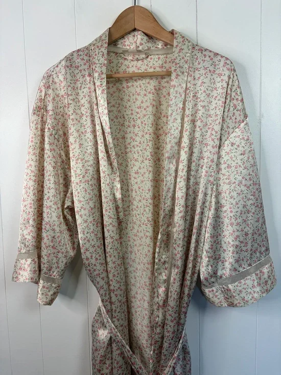 Vintage Cream Pink Rose Satin Kimono Robe Floral Cottagecore Romantic sz medium - Picture 4 of 11
